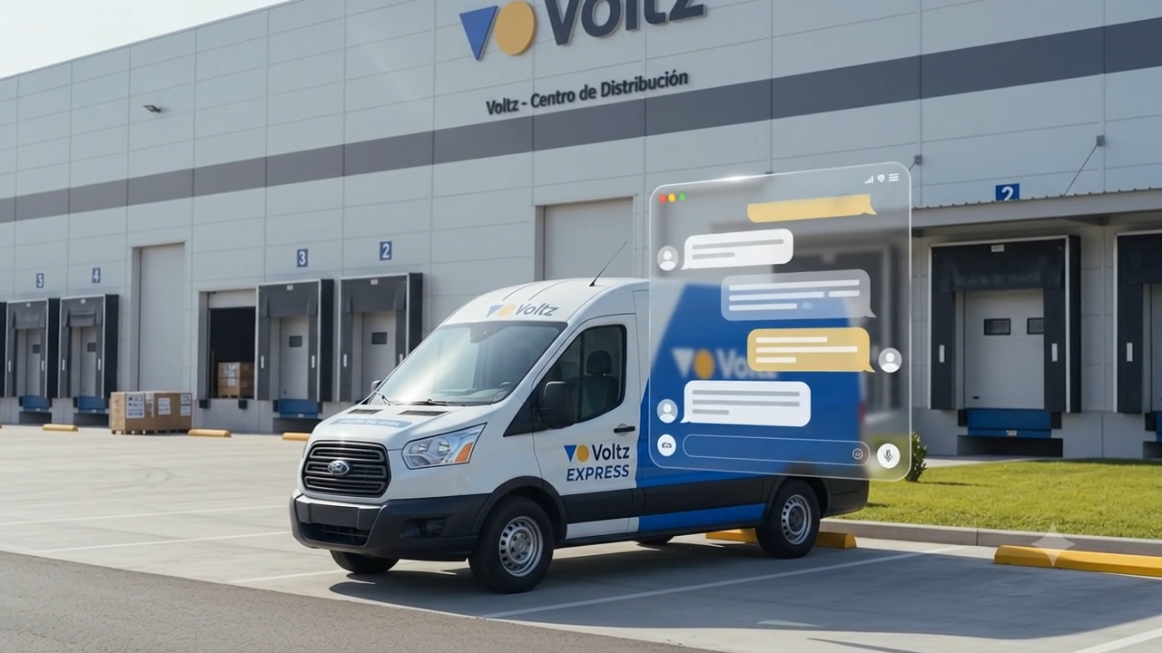 Furgoneta Voltz Express frente al centro de distribución de Voltz